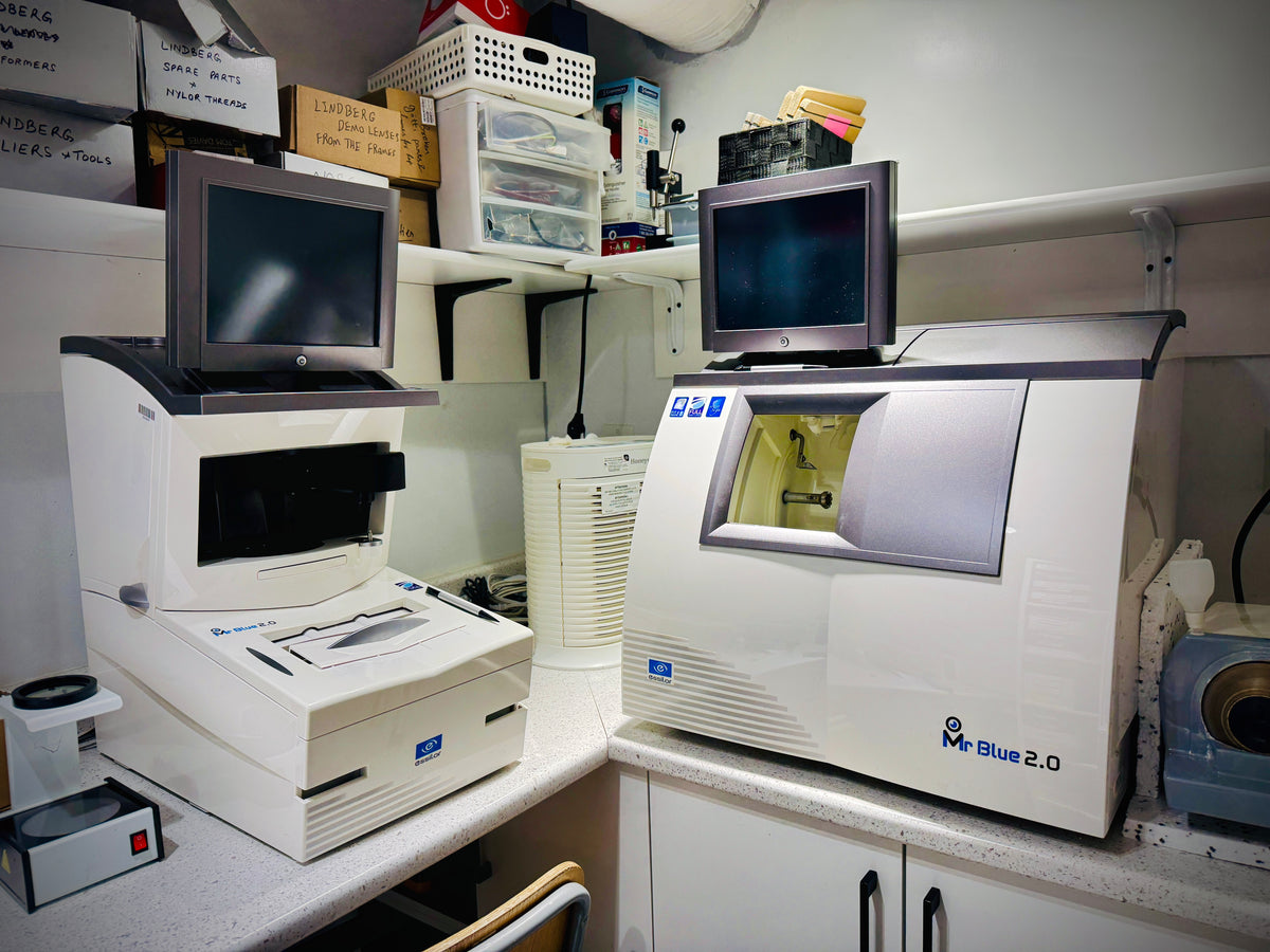 On-site optical lens edging and finishing lab at Prestige Optical Vancouver
